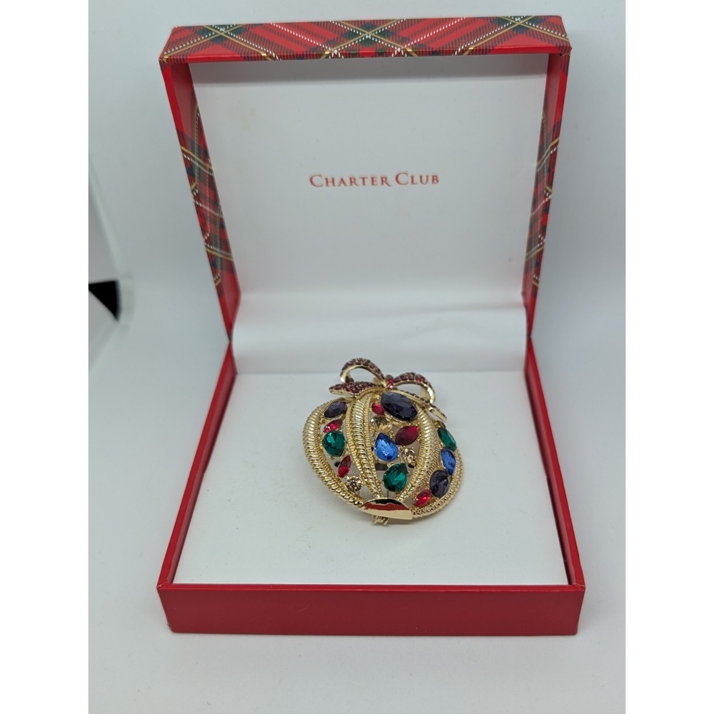 Charter Club Gold Tone Multicolor Crystal Caged Holiday Ornament Brooch New